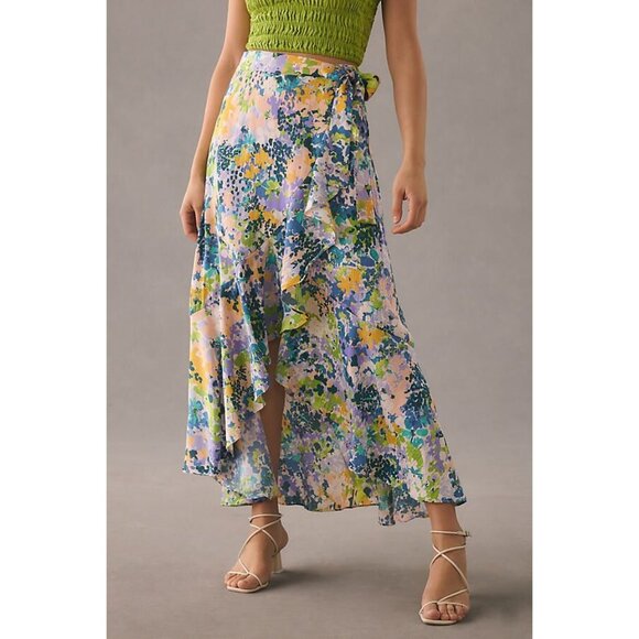 Anthropologie Maeve Ruffled Wrap Maxi Skirt Floral High-Low Wrap Skirt Large - Picture 4 of 9